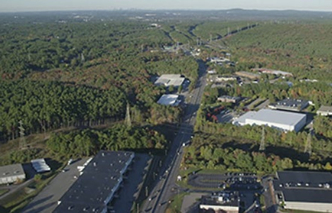 Aerial view of a commercial corridor in Norfolk County